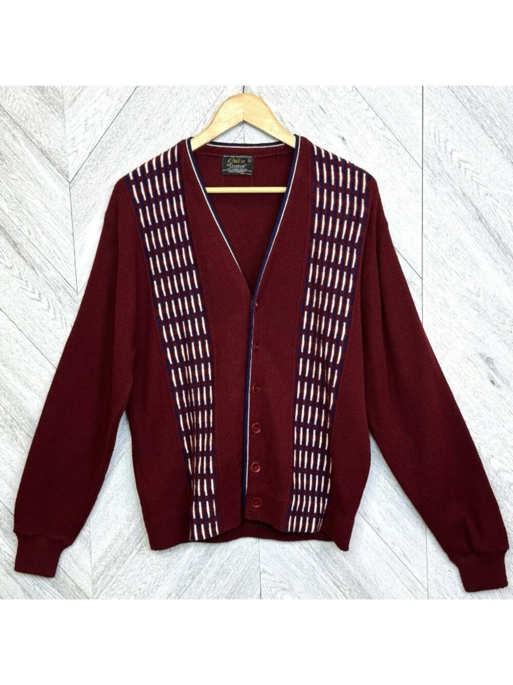 Vintage 60s Orlon Campus Acrylic Cardigan Sweater Mens Large Burgundy Stripe Mod